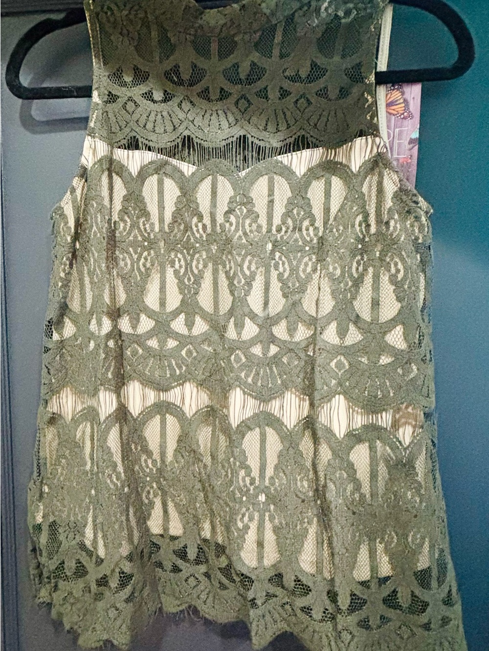 NWT Love Fire Olive Green Lace Overlay Sleeveless Blouse